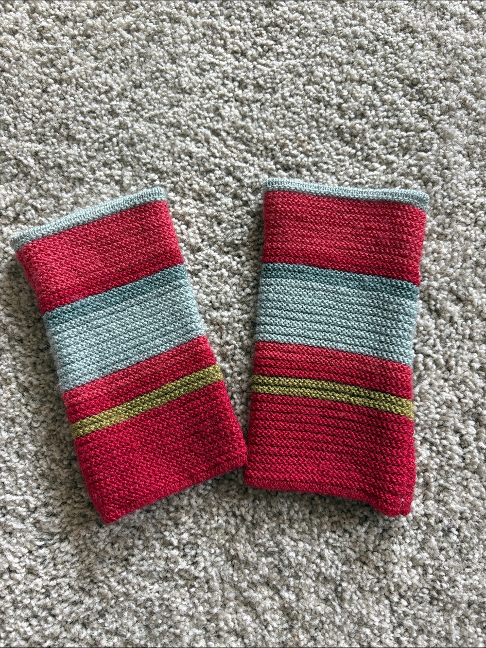 Red and Light Blue Striped Knit Wrist Warmers